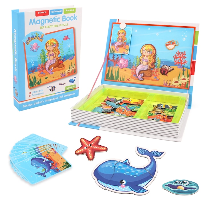 Carte magnetica educativa puzzle, Animale Marine - Magnetic Book, 61 piese magnetice - accesorii, 14 carduri model, Portabila si Compacta, Dezvoltare Creativitate si STEM, +3 Ani
