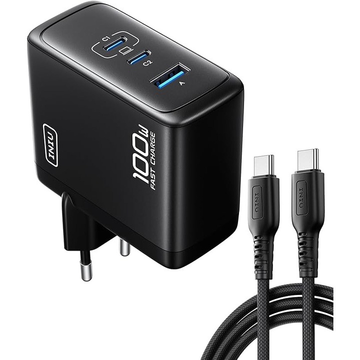 Зарядно устройство INIU USB-C, 100 W, 3 порта, бързо зареждане, сгъваеми пинове, компактно, широка съвместимост, 6.8x3.3x5.8 см