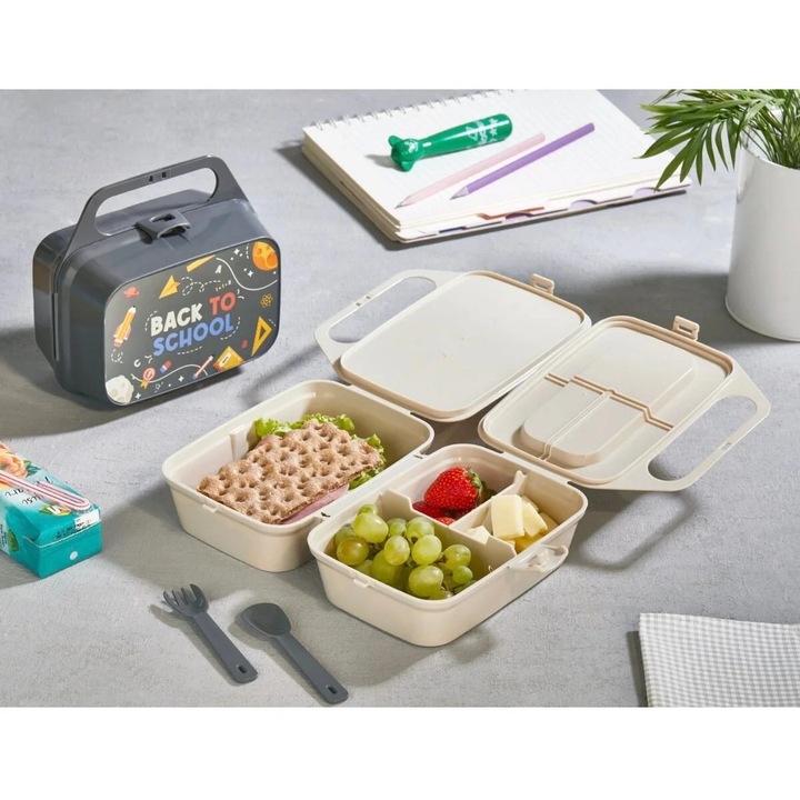 Élelmiszeres doboz, Sungroup, CARRY & EAT, 15.5x17.5x9cm, antracit, kanállal és villával