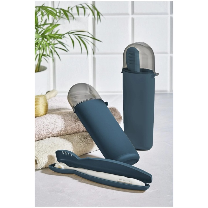 Set 4 cutiute voiaj, Sungroup, 2 cutii pentru periute de dinti, 2 cutii multifunctionale, albastru, 9.5x2.5x22cm, 2.5x2x20cm
