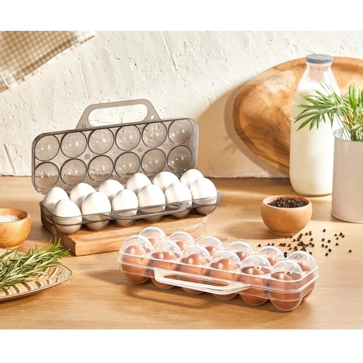 Cutii depozitare oua, Sungroup, set 2 buc, transparent si transparent inchis, 12 oua, dimensiuni compacte