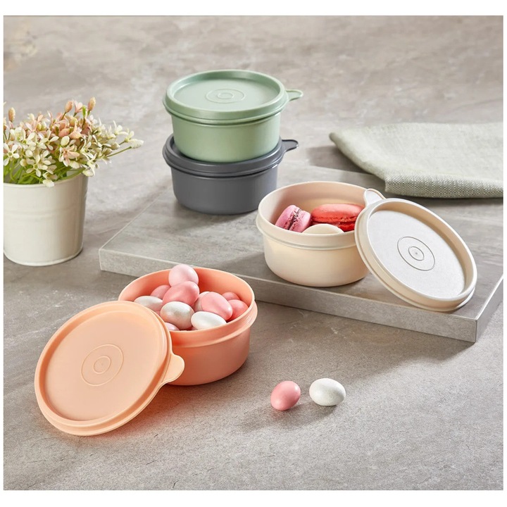 4 db Sungroup kerek élelmiszer tároló doboz, 280 ml, narancssárga, bézs, zöld, szürke