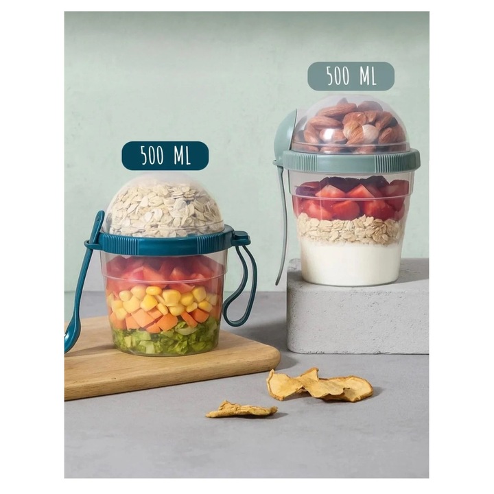 Granola ételtartó doboz, 500 ml, Sungroup, tetővel és kanállal, 12x10x13 cm