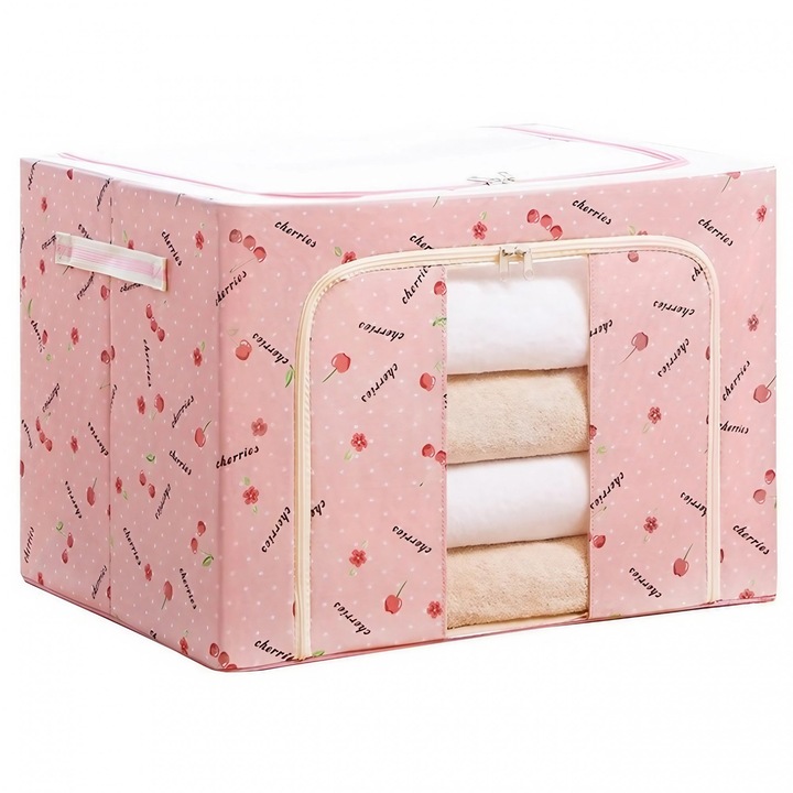 Cutie de Depozitare Pliabila, Leski, Cu Fermoar, 66 L, Textil, 50x40x33 cm, cu Fereastra, Cadru Metalic, Suport Baza Stabil din Plastic, Imprimeu Cirese, Roz, Resigilat