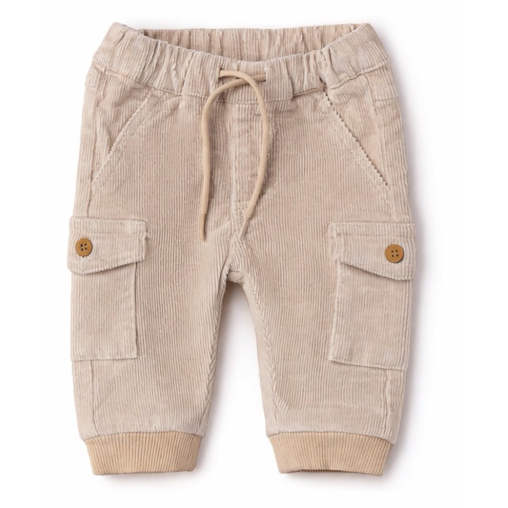 Minibanda elasztikus kordbársony babanadrág fiúknak, cargo zsebekkel, Világosbézs