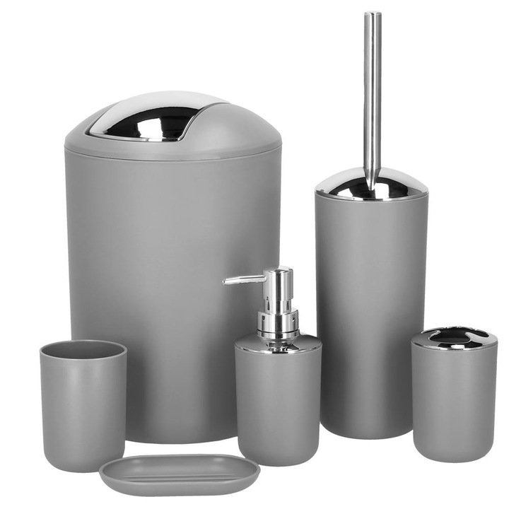 Set accesorii baie, 6 piese din plastic, cu perie WC si cos de gunoi, finisaj mat si lucios, gri argintiu