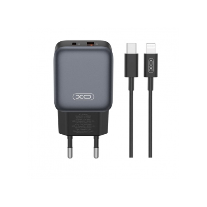 XO Design Hálózati Töltő Lightning Kábellel L156 30W 3A 1 x USB-A - 1 x USB-C Fekete