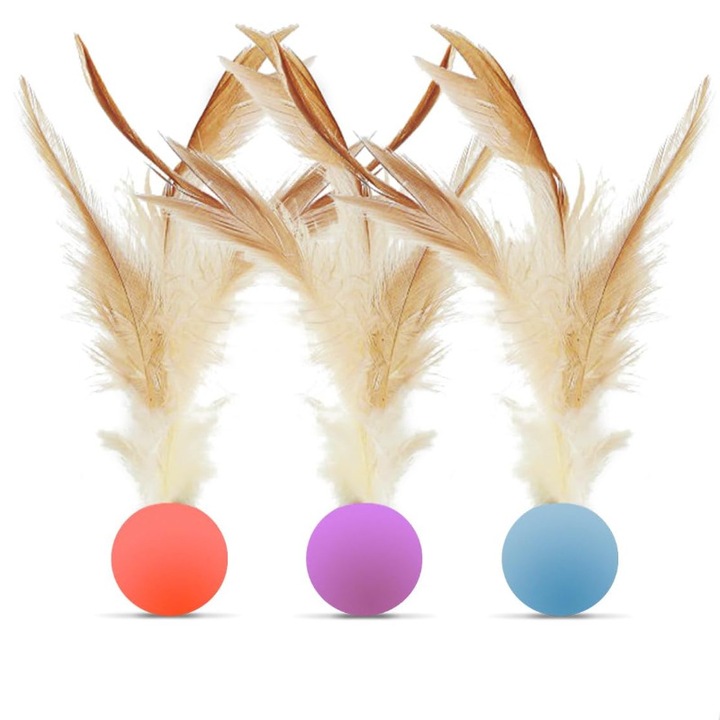 Set 3 mingi elastice cu pene pentru pisici, jucarie interactiva pentru urmarire si joaca, multicolor, diametru 2.5 cm