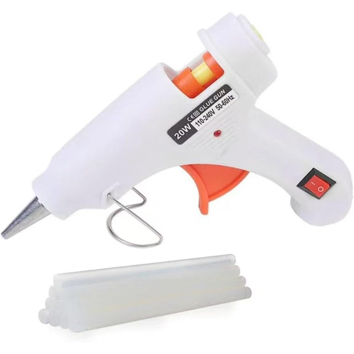 Set pistol de lipit cu silicon cald 20W, mini pistol termic cu 6 batoane silicon 7 mm, pentru bricolaj, reparatii rapide si proiecte DIY, Alb
