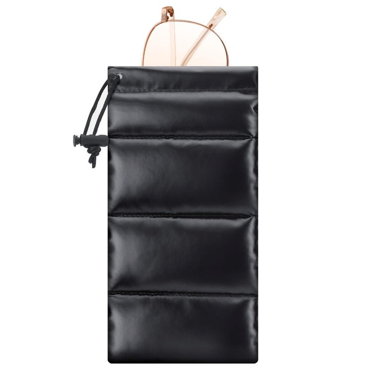 Husa moale pentru ochelari cu snur, saculet protectie pentru ochelari de soare sau telefon, material pufos tip puf, 10 x 18 cm, Negru