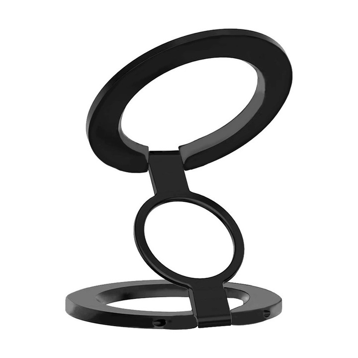 Suport telefon magnetic universal cu inel, magnet dublu fata-verso, rotatie 180°, pliabil, stabil si rezistent, pentru birou, masina si suprafete metalice, 59.6x59.6x7.3 mm, Negru