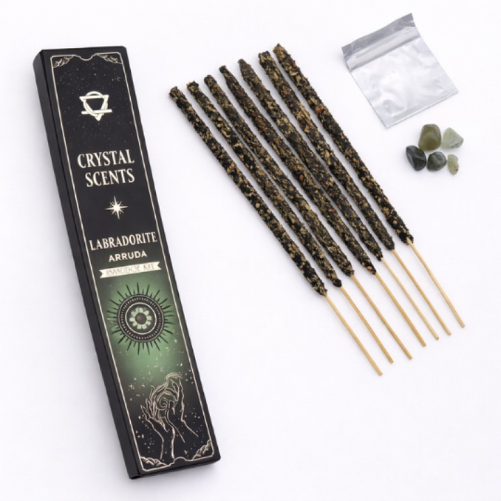 Illatos füstölőpálcák szappankővel, természetes labradorittal, 10 darab, Arruda illat