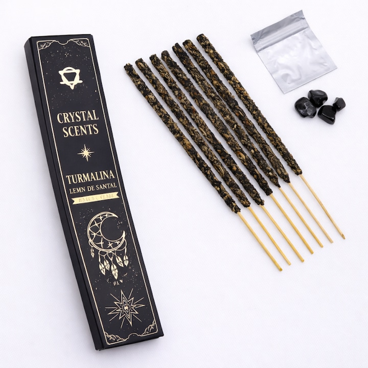 Betisoare Parfumate cu Cristal de Turmalina si Lemn de Santal | Ritual de Protectie si Echilibru, SAVONIA