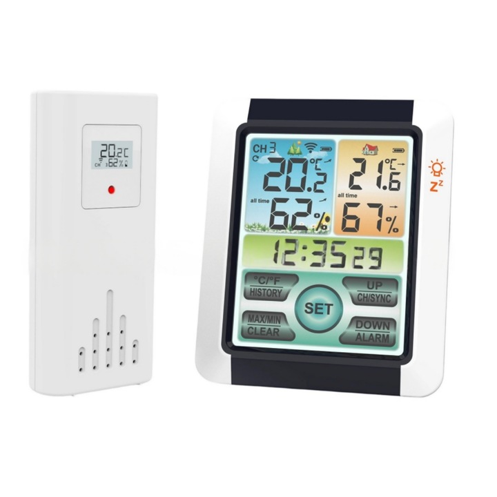 Statie meteo wireless, Ceas cu alarma pentru interior/exterior cu functie de amanare si memorie，ecran color HD, touchscreen, iluminare, 11x9.4x2.5cm