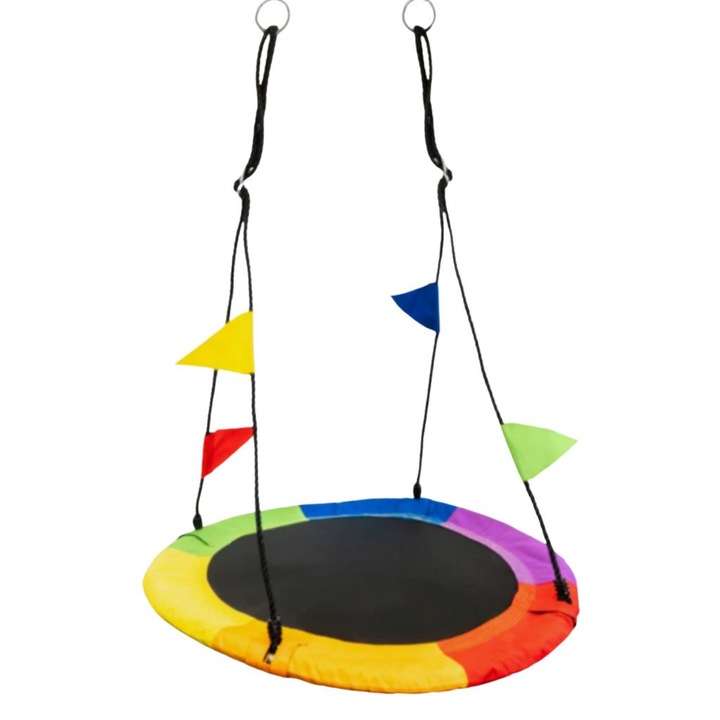 Люлка "Щъркелово гнездо", До 150 кг, Възможност за окачване на една или две точки, Стоманена рамка, Диаметър на седалката: 100 сантиметра, Многоцветен