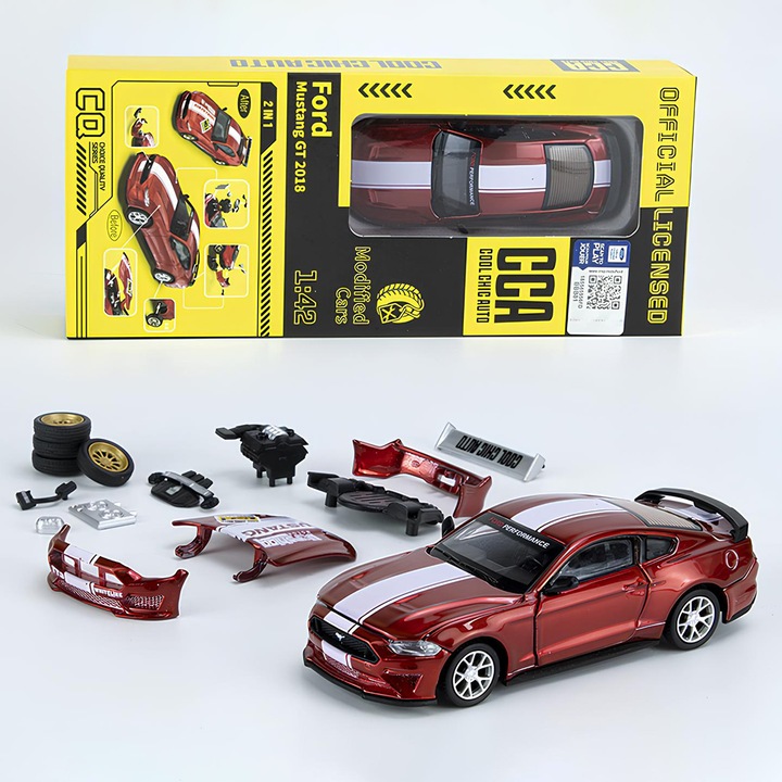 Automodell Ford Mustang GT 2018, 1:42 méretarány, fém 2 az 1-ben, nyitható ajtók és motorháztető, levehető alkatrészek, Piros