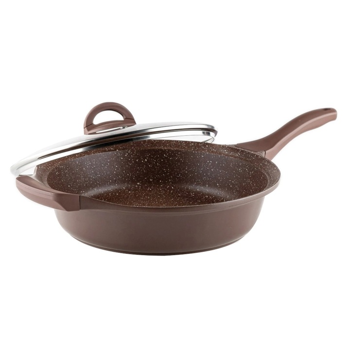 Тиган с капак Muhler Mia MR-2807M, 28x7cm, 2.8L, Лят алуминий, Устойчиво незалепващо покритие, Мраморен ефект, Шоколад