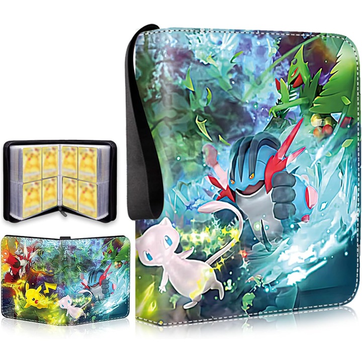 Album de carti Pokemon cu 4 compartimente, 440 de sloturi, YOUKUKE®, Pokémon, Album de carti de colectionare, album portabil de carti de colectionare cu maner de transport, album de carti de colectionare impermeabil din piele PU