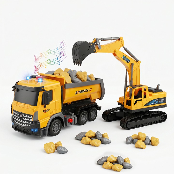 Set 2 Utilaje Constructii Jucarie: Excavator si Camion Basculant cu Lumini, Sunete si Pietricele, pentru Copii 3 - 8 ani iubitori de Constructii, Galben