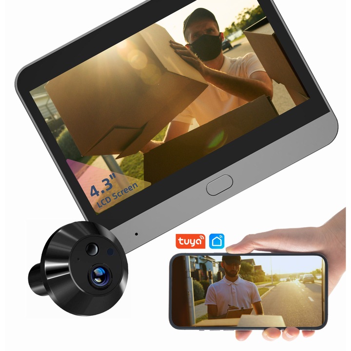 Vizor Electronic Wi-Fi, PD10B, Monitor 4.3 Inch LCD, Full HD, Unghi Larg 140°, Vedere nocturna, Detectare Miscare, Slot Card SD, Aplicatie pe Telefon Tuya