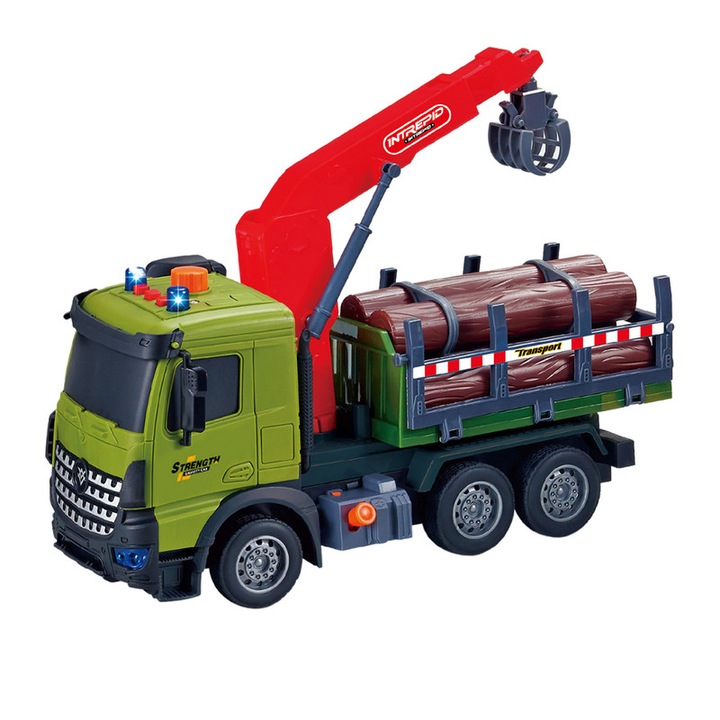 Camion cu macara pentru transportul lemnului, efecte luminoase si sonore, 35x18x11cm, set cu 6 busteni
