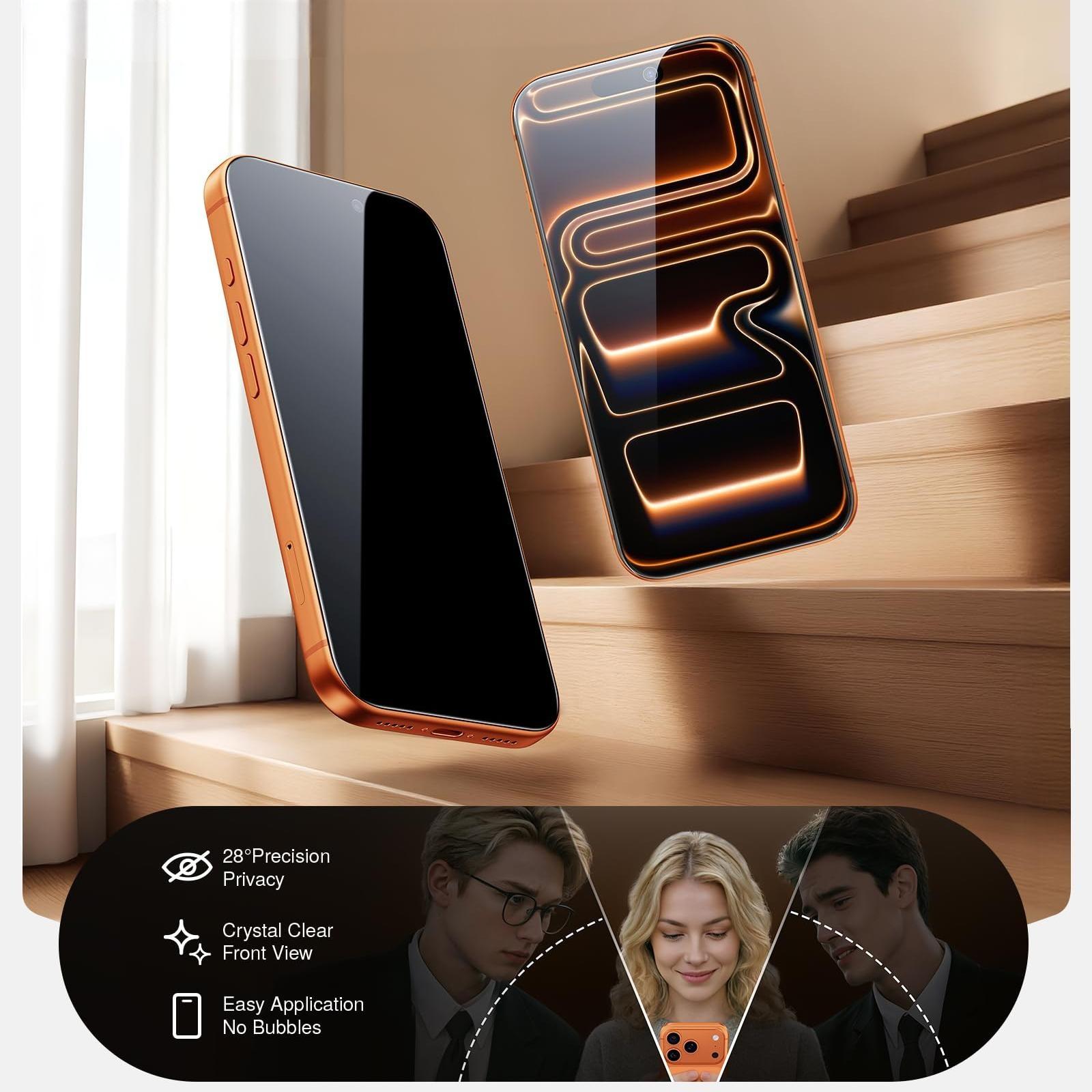 Set 2 Folie Sticla Privacy pentru iPhone 17 – Sticla Securizata 9H+ Anti-Spy 28 Grade, Kit Instalare Automata Anti-Praf Rapid, Tratament Oleofob Electronic, Anti-Amprenta, Sensibilitate Touch Avansata