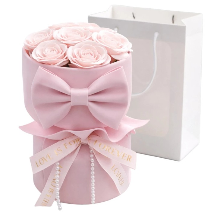 Buchet de flori din sapun, 7 piese parfumate, cutie decorativa, 31cm x 20cm x 15cm Cadoul ideal pentru Ziua indragostitilor, 1 Martie, 8 Martie, Ziua Femeii, Manolex®