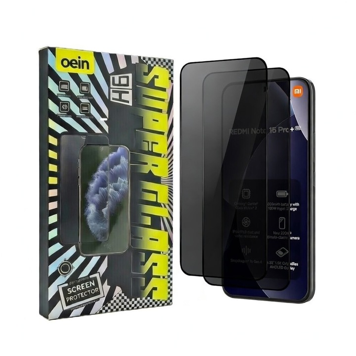 Set 2 Folie Sticla Privacy pentru Redmi Note 15pro+ Oein® – Sticla Securizata 9H+, Anti-Spy 28 Grade, Claritate HD, Tratament Oleofob Electronic, Anti-Amprenta, Sensibilitate Touch Avansata