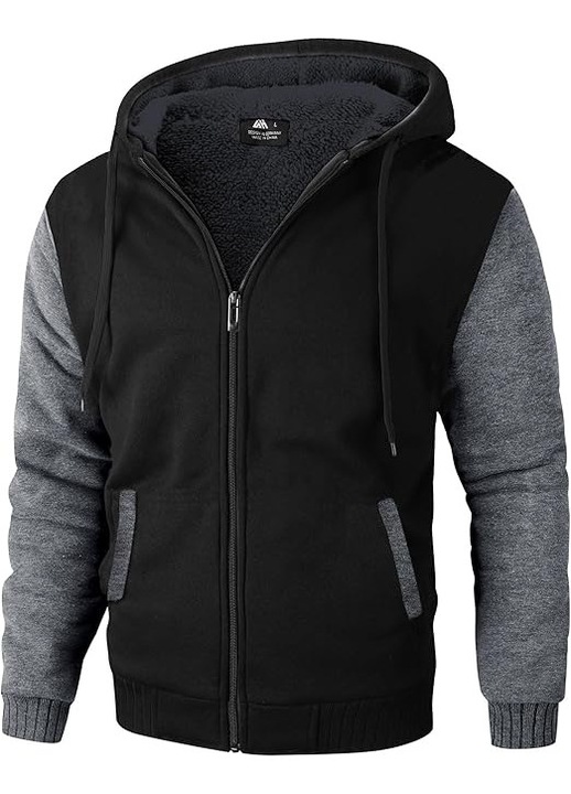 Hanorac pentru Barbati cu Gluga – Captusit cu Fleece, Gros, Rezistent la Vant si Frig, Buzunare Laterale, Casual & Outdoor, Negru cu Gri, Marimea 3XL