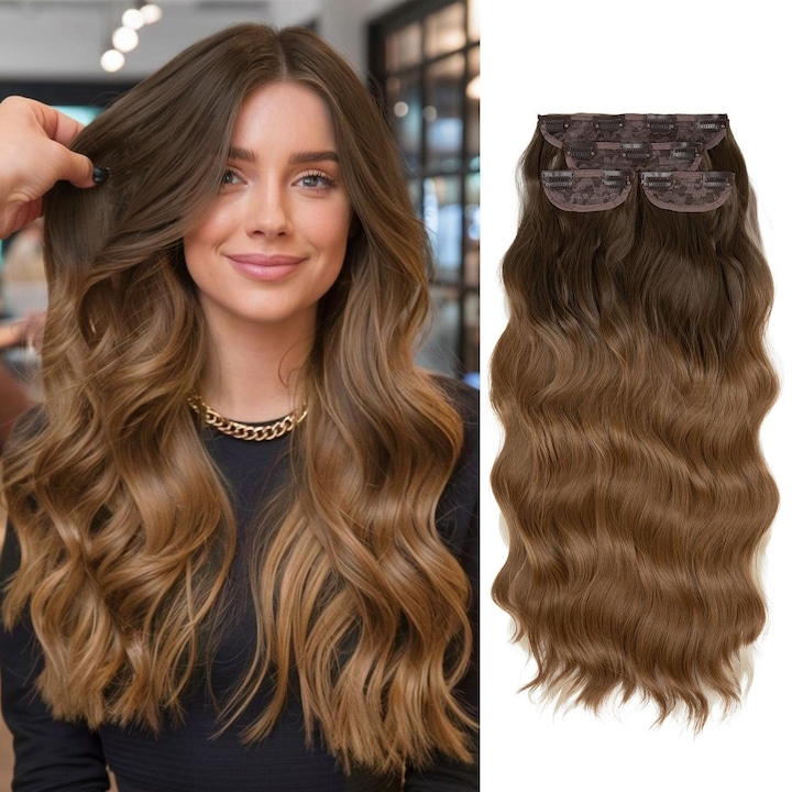Set de 4 Extensii de Par cu Agrafe pentru Femei Omelivon®, Balayage Brun cu Auriu​,56cm - Par Lung, Buclat si Des, Dublu Strat - Pentru Uz Zilnic