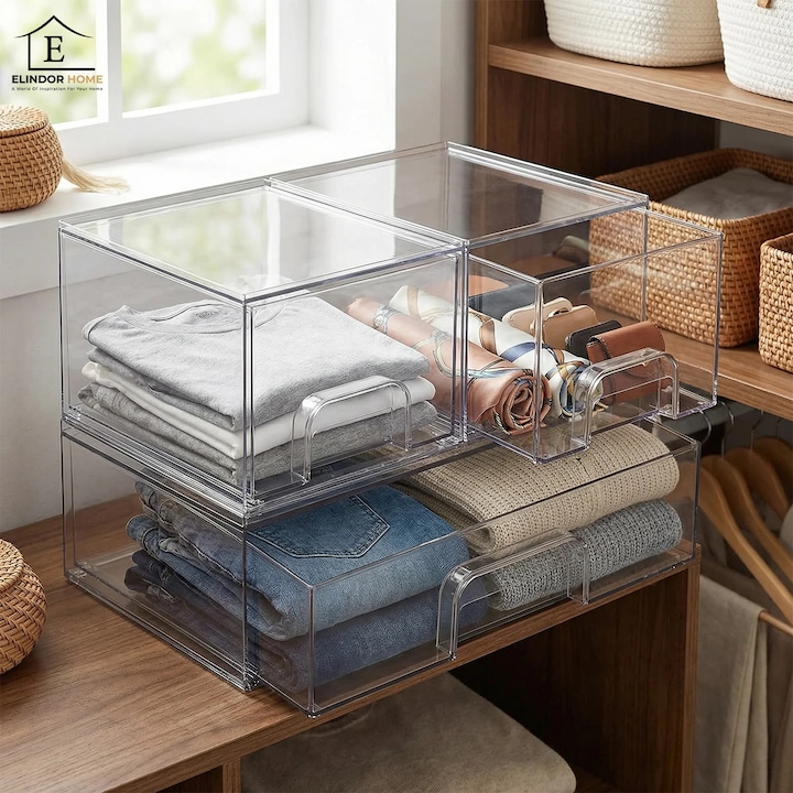 Set 3 Cutii Organizatoare Elindor® din Plastic, Cutie Depozitare si Organizare cu Sertare Glisante, pentru Accesorii, Parfumuri, Organizator pentru Sertar, Dulap, Frigider, Multifunctional pentru Bucatarie, Baie, Dormitor, Camara, Bar, Birou, Transparent