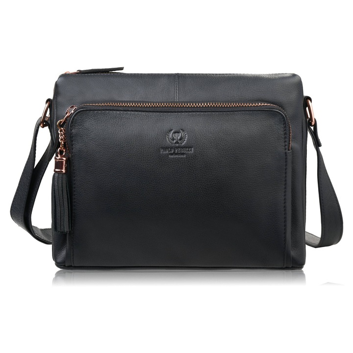 Geantă de umăr din piele, Paolo Peruzzi, AY-22-BLRG, negru, aur roz, 19x26x10cm