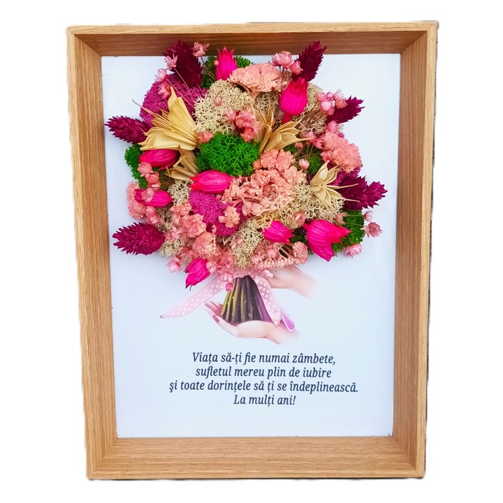 Decoratiune pentru interior, tablou cu licheni stabilizati si flori uscate, buchet cu flori, urare "La multi ani!", 21x16, multicolor