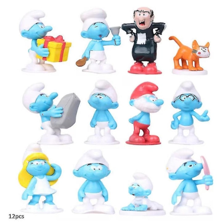 Комплект от 12 фигурки Frbby, герои Смърфове, височина 3-6 см, PVC материал, декорации за торта или колекция, играчки за деца 3 години+, многоцветни