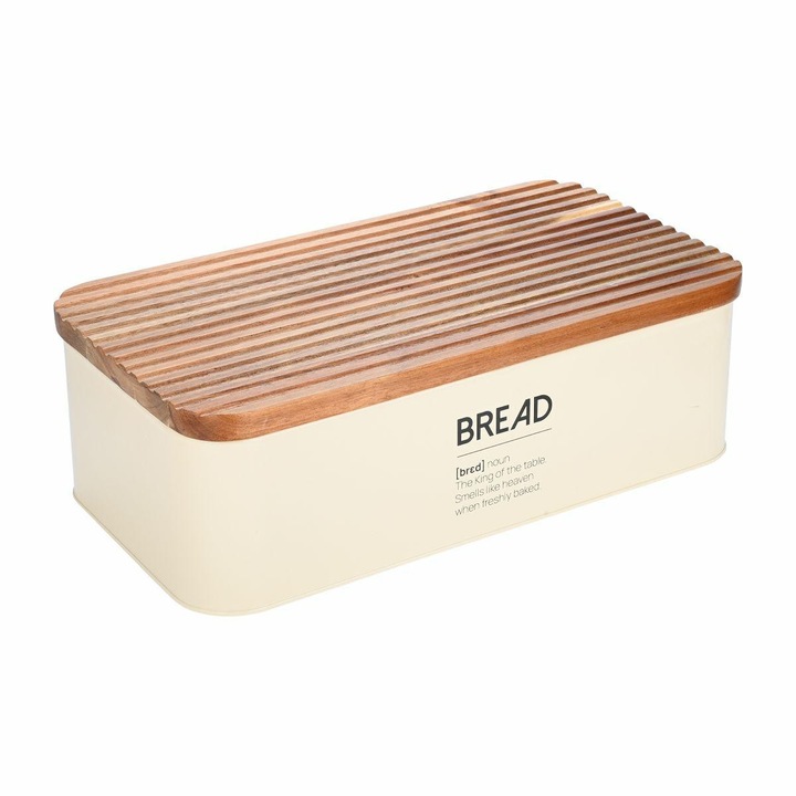 ESTIA Allure Ivory fém kenyértartó doboz, krémszínű, 42x23x13 cm, akácfa tetővel