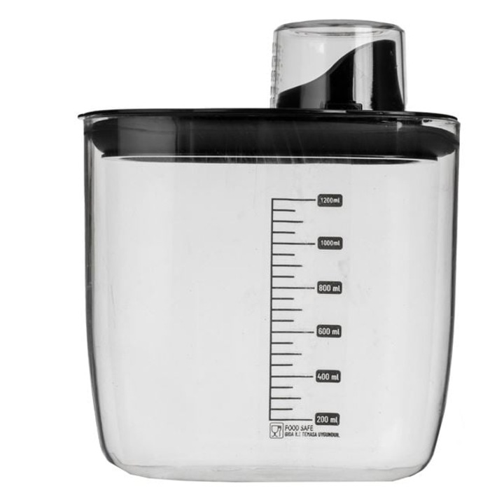 Cutie pentru depozitare alimente Shopiens, 1.3L, gura de scurgere, capac pahar de măsurare, transparent