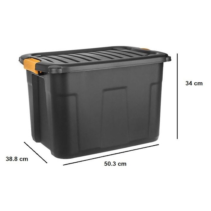Здрава пластмасова кутия за съхранение 42L с капак и предпазни щипки за вътрешна и външна употреба, 50.3 x 38.8 x 34 см, VENITIVO vindem celor inteligenti®