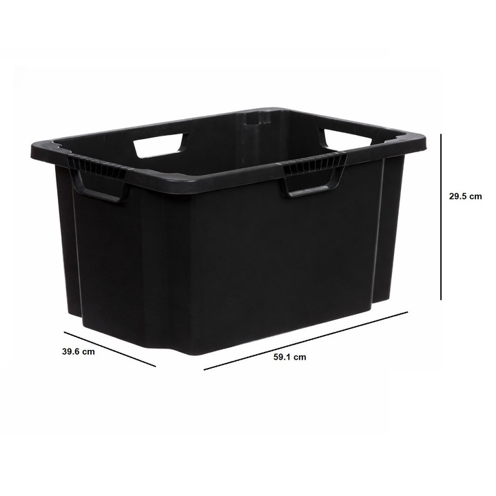 Robusztus műanyag tároló doboz 50L, 4 oldali fogantyúval, egymásra rakható, 59.1 x 39.6 x 29.5 cm, fekete, VENITIVO vindem celor inteligenti®