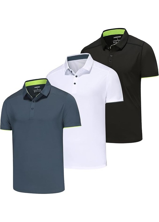 Tricouri polo slim pentru barbati, set 3 bucati Negru/Alb/Gri S