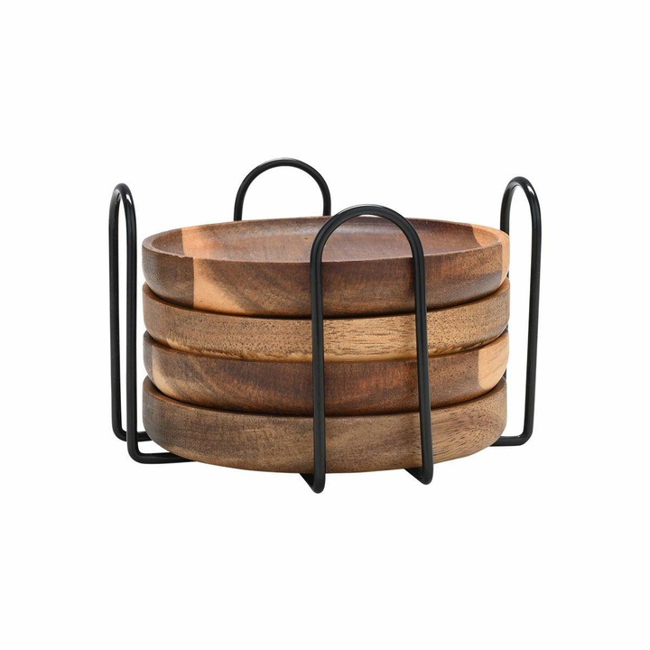 Poháralátét Készlet, Estia, Allure, 10 cm, Akácfa, 4 Darab Fekete Fém Tartóval, Védi Az Asztalt A Karcolásoktól És Foltoktól, Természetes És Elegáns Kerek Kialakítás, Ideális Nappaliba, Konyhába Vagy Ajándéknak, Tartós És Stílusos