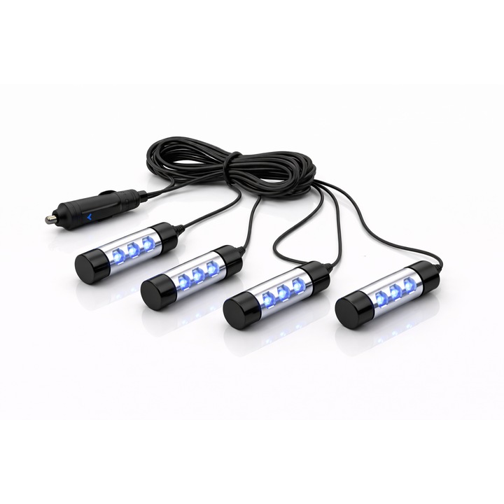 Set 4 lumini ambientale auto LED interior, iluminare albastra, unghi reglabil 360°, plug and play, efect vizual modern