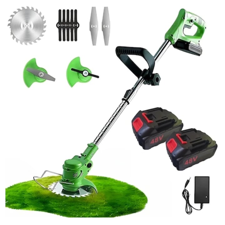 Motocoasa fara Fir cu 2 Acumulatori de 48V, Brat Ajustabil 90-120cm, 18000 RPM, 7 Accesorii