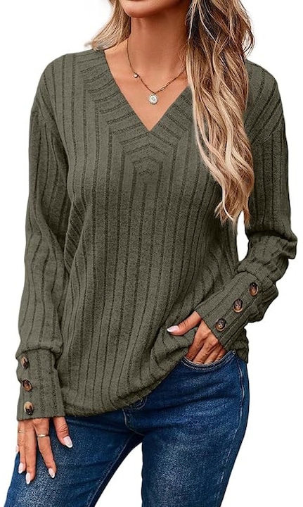 Bluza larga cu maneci lungi cu masete cu nasturi, verde M