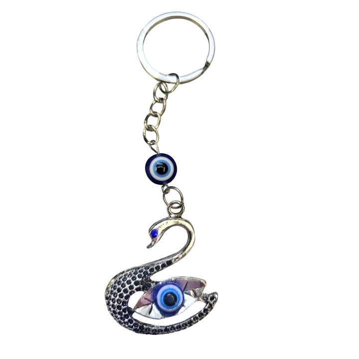 Fém kulcstartó, hattyú és védelmező szem mintával, színes kővel díszítve, rozsdamentes acél, ezüst, Dactylion®