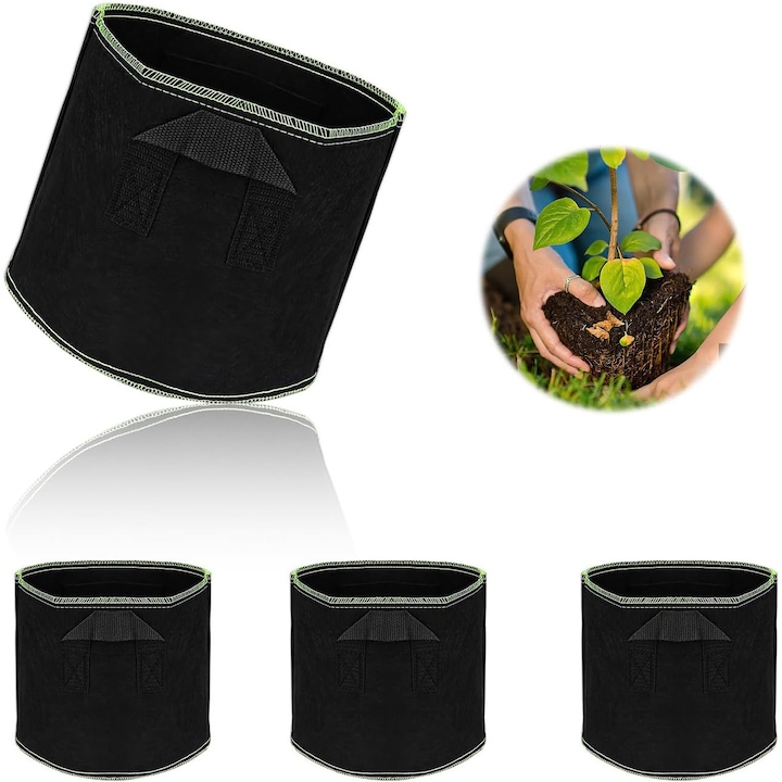 Set de 4 Saci pentru plante, Ghivece din material textil, Sac pentru cultivarea rosiilor 25 × 22 cm, Saci pentru cultivarea cartofilor din material textil netesut, pentru plante, legume, flori