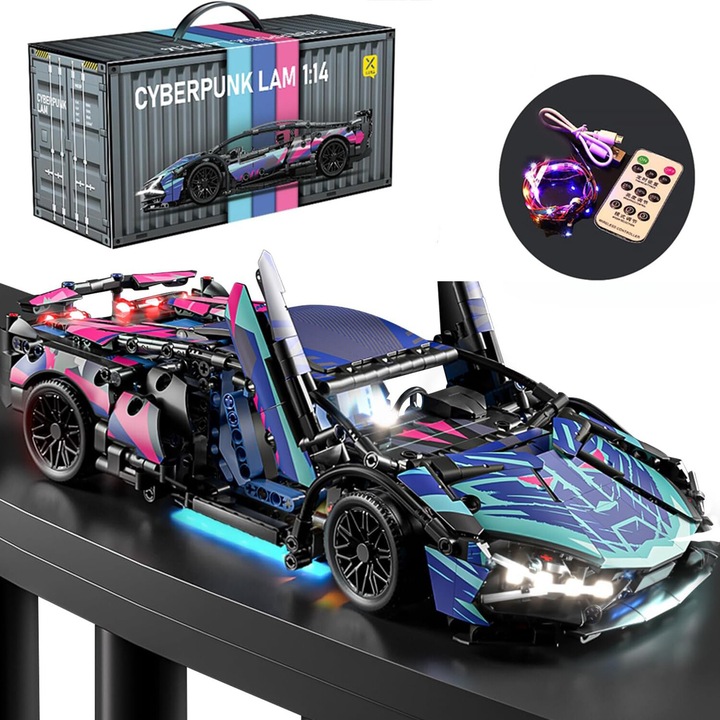 Set de blocuri de constructie, Bedee, 1280 Piese, Masini sport, Constructii 3D, cu Accesorii Luminoase, Decor Interior, Masina de curse de colectie, Model la scara 1:14, Educational/Creativ, Jucarii de inginerie pentru barbati, Adolescenti, Multicolor