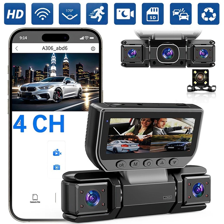 Autós kamera DVR, Bedee, 4 csatornás, 1080P, WiFi 5G, 3", fekete