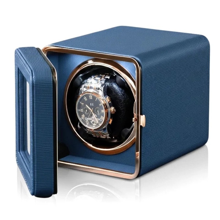 Cutie de întors ceas automat iUni, Piele ecologică, Albastru, 16.5x12.5x11.5cm