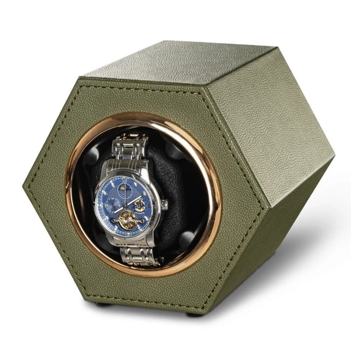 Cutie intors ceas automat iUni, Watch Winder, Piele ecologica, 1, Kaki