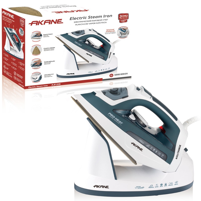 Fier de calcat cu abur AKANE Calcator electric cu abur –Putere de 2600 W, talpa ceramica, abur vertical, oprire automata bidirectionala – utilizare cablata si fara fir pentru calcat rapid si eficient